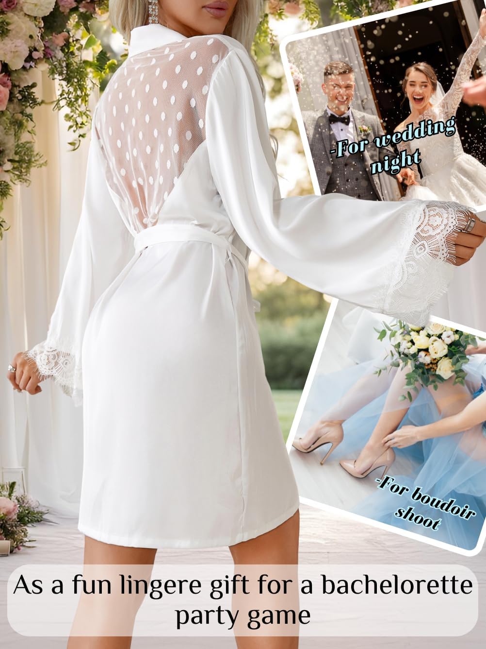 Women's Bridal Satin Short Robe, Polka Dot Mesh Back, Eyelash Lace Long Sleeve, Sexy Wedding Loungewear - Image 6