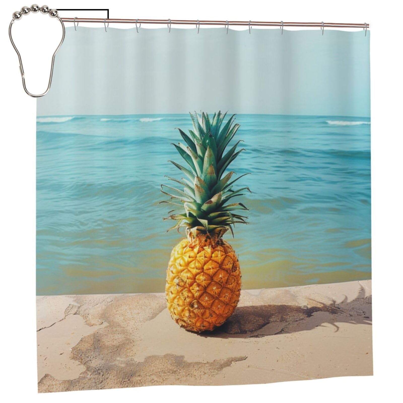 BWWHCCTI Pineapple by The Sea Printed Shower Curtain With 12 Iron Hooks Opaque Quick Drying Waterproof Shower Curtains Sets For Bathroom 183x183 CM