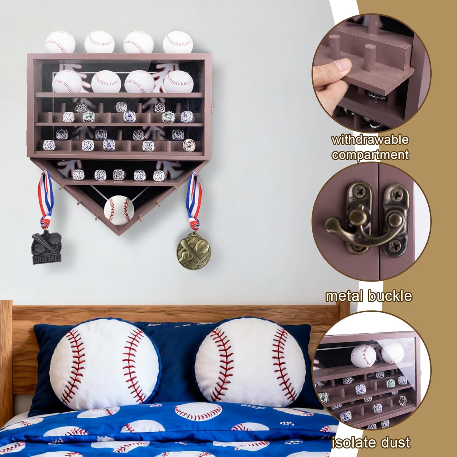 Baseball Ring Display Case, 17.9*16.9*4" , Accommodate 35 Rings, 9 Balls and 8 Medals, Championship Rings Medals Holder, Wall Mount Baseball Case Display, Equipped with a Dust-Proof Door