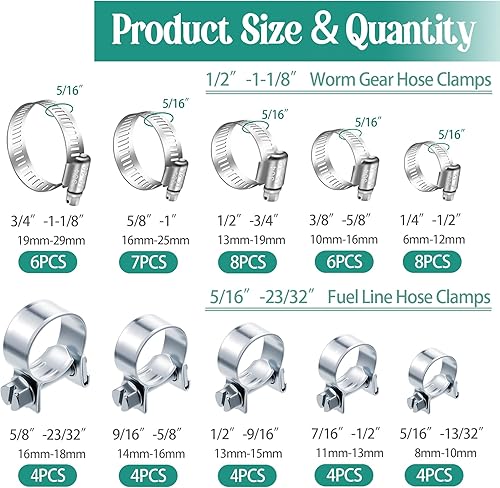 Vista 22 de Dianrui 25 abrazaderas de manguera de 1/4 a 1/2 pulgadas (0.236-0.472 in) de acero inoxidable 304 engranaje helicoidal 304 abrazaderas de manguera