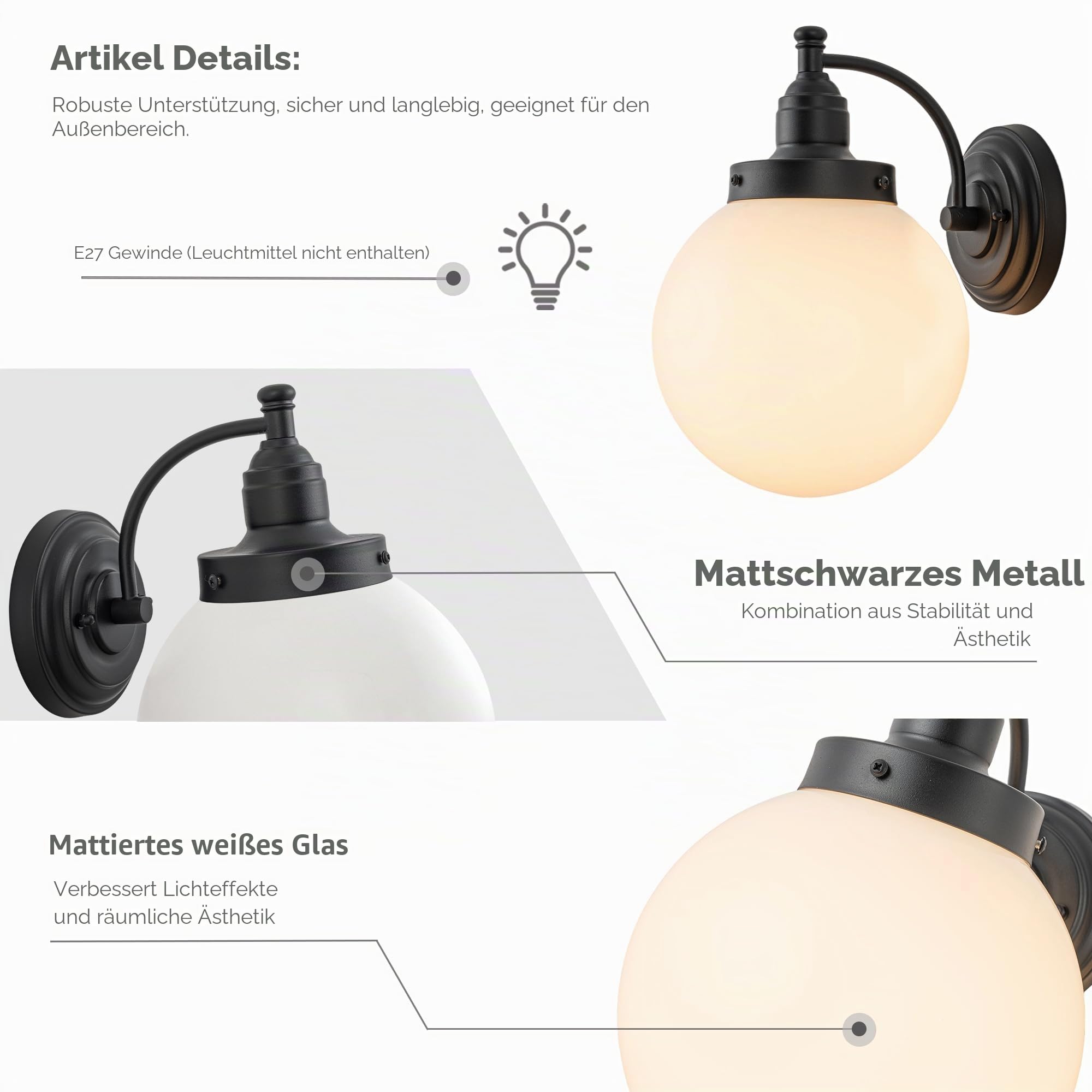 FTL Wandlampe Aussen Glaskugel, Industrial Außenwandleuchten, E27 Gartenwandleuchte, Ausenbeleutung Hauswand, Retro Außen Laterne Wandleuchte für Eingangstür, Garage, Terrasse, IP44 Wasserdicht