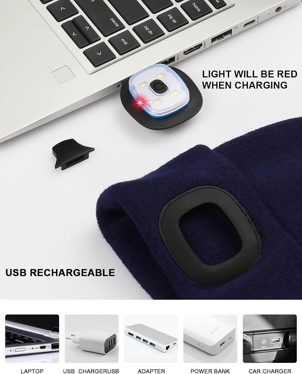 MELASA Unisex Kids LED Beanie, USB Rechargeable Hands Free Headlamp Hat, Night Flashlight Hat, Gifts for Kids Boys Black