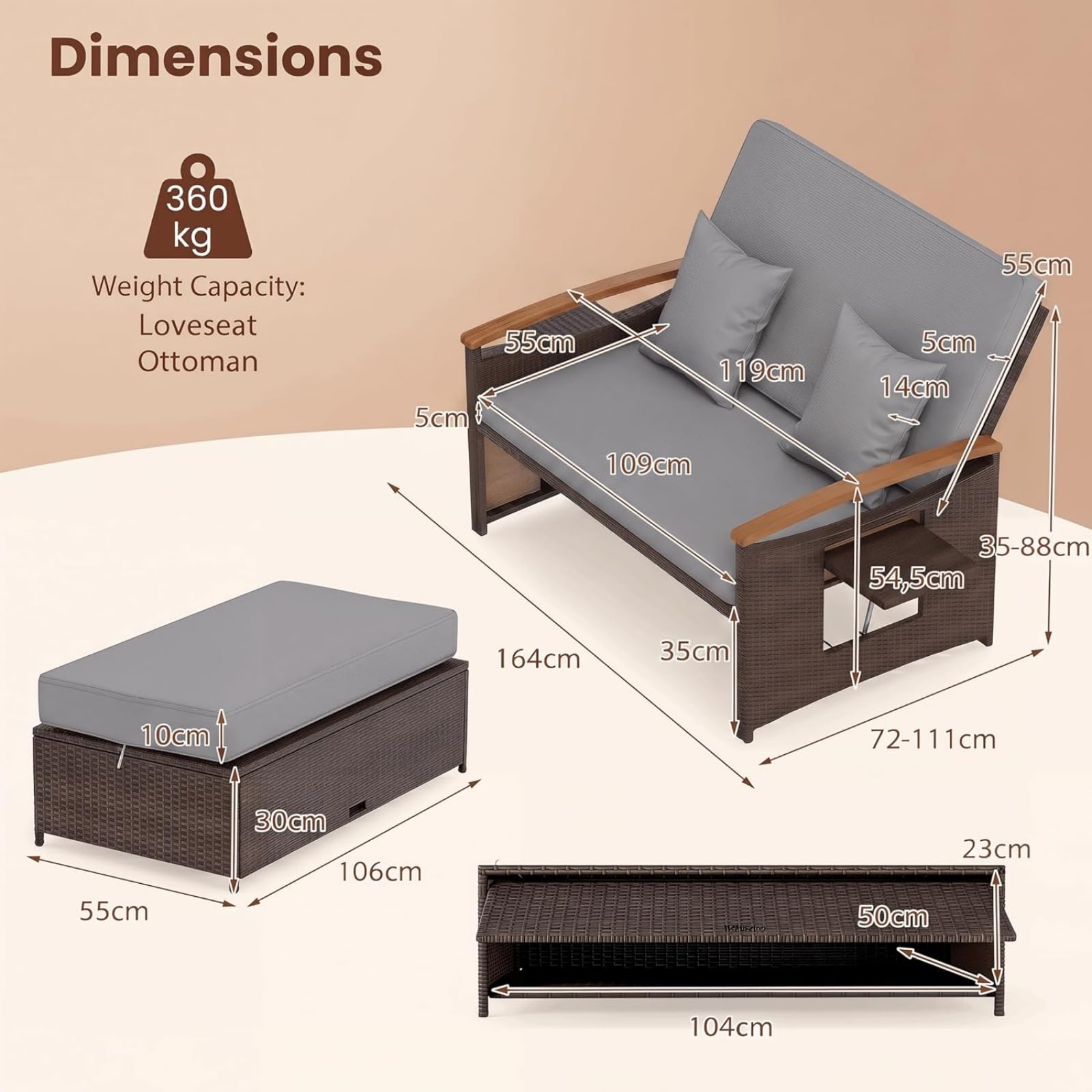 LIFEZEAL Rattan Gartenlounge Set, Lounge Möbel Outdoor, Gartensofa mit Liegefunktion, Outdoor Sofa mit Stauraum, Loungemöbel 2 Personen für Garten, Terrasse & Balkon (Grau+Schwarz)