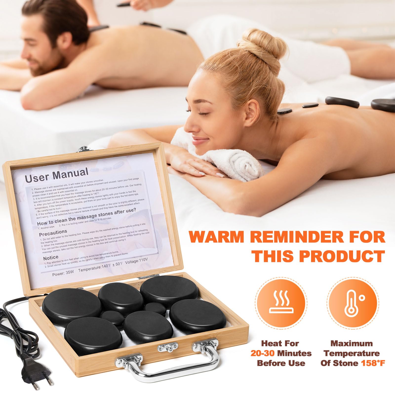 Hot Stone - Juego de 10 piedras calientes para masaje, basalto con caja de bambú, calentador de piedra caliente para spa, relajación, terapia de masaje, regalos para mamá