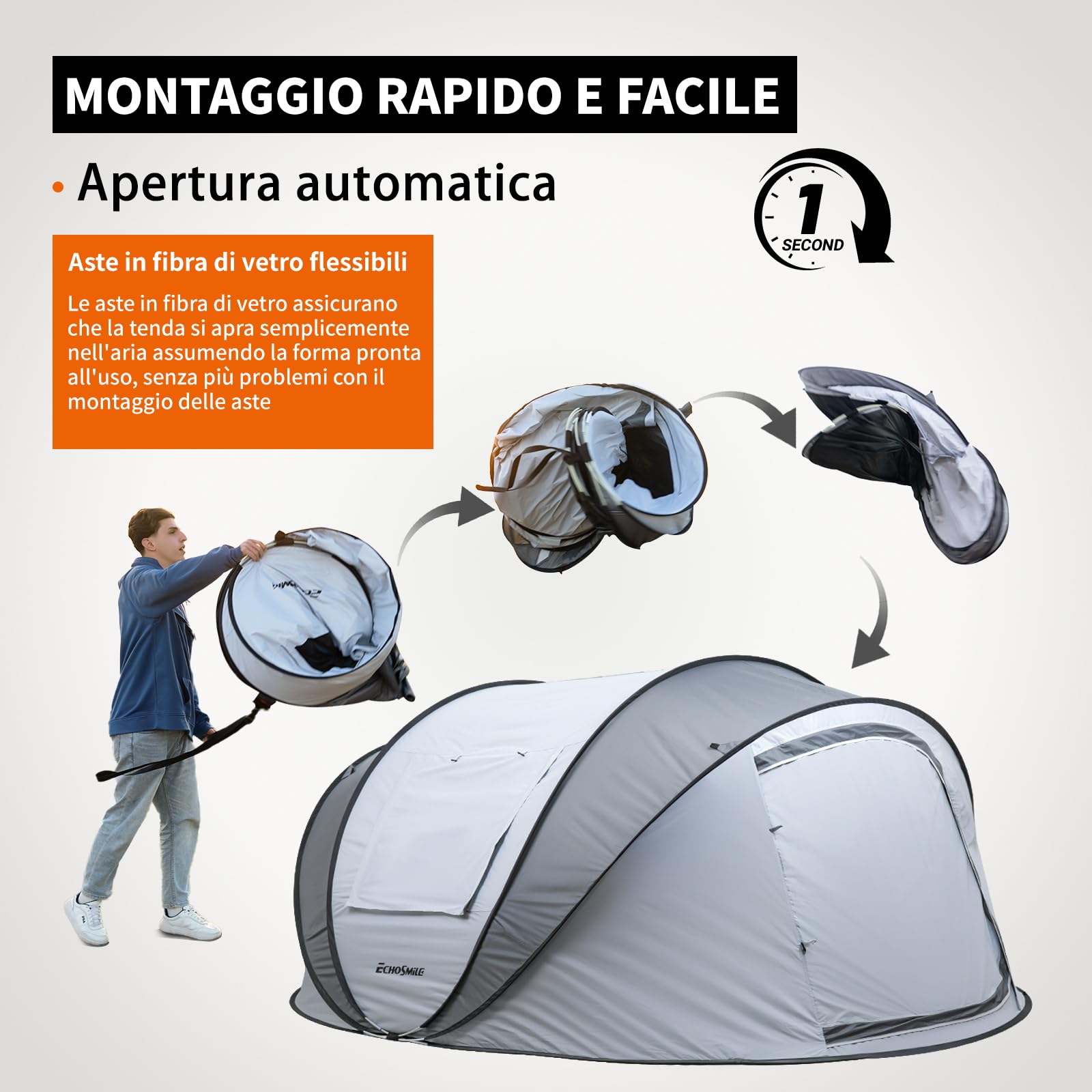EchoSmile Tenda da Campeggio Istantanea Pop Up 5-8 Posti, Tenda Familiare Ultraleggera Portatile, Antivento e Impermeabile per Picnic, Trekking e Attività All'aperto, Bianco Grigio