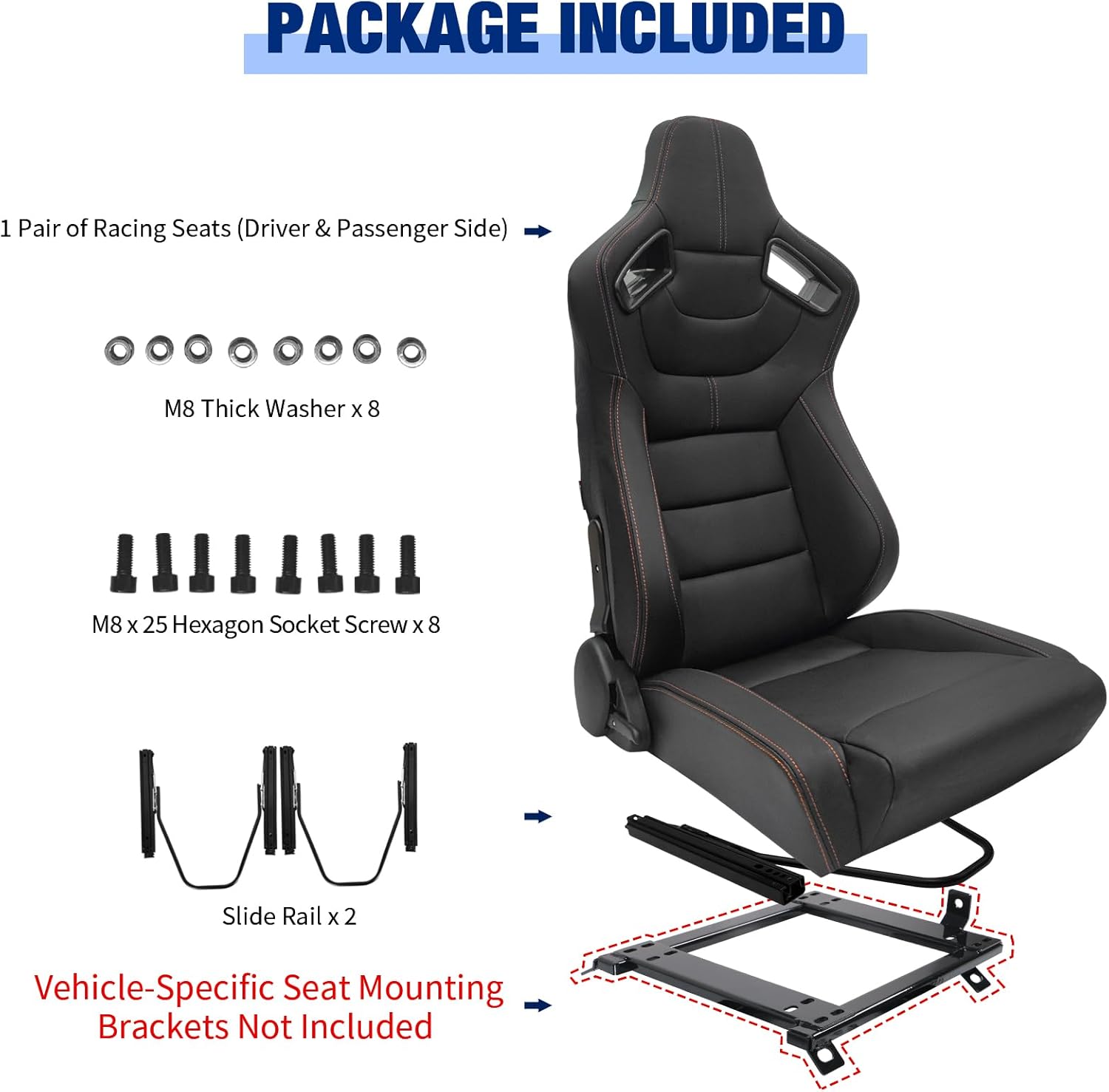 FREEMOTOR802 Racing Seats with Dual Lock Sliders, Universal For Most Cars Vehicles First Row, 1 Pair Reclinable Sport Bucket Seats, PU Carbon Fiber Look Leatherette, Black Orange (Upgraded Version)