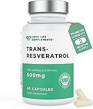 Trans-Resveratrol 500mg, 98% Purity, 60 Vegan Capsules, High Strength Polyphenol Antioxidant from Japanese Knotweed, 3rd Party Tested, Anti Ageing, Skin, Heart & Brain Health, Love Life Supplements