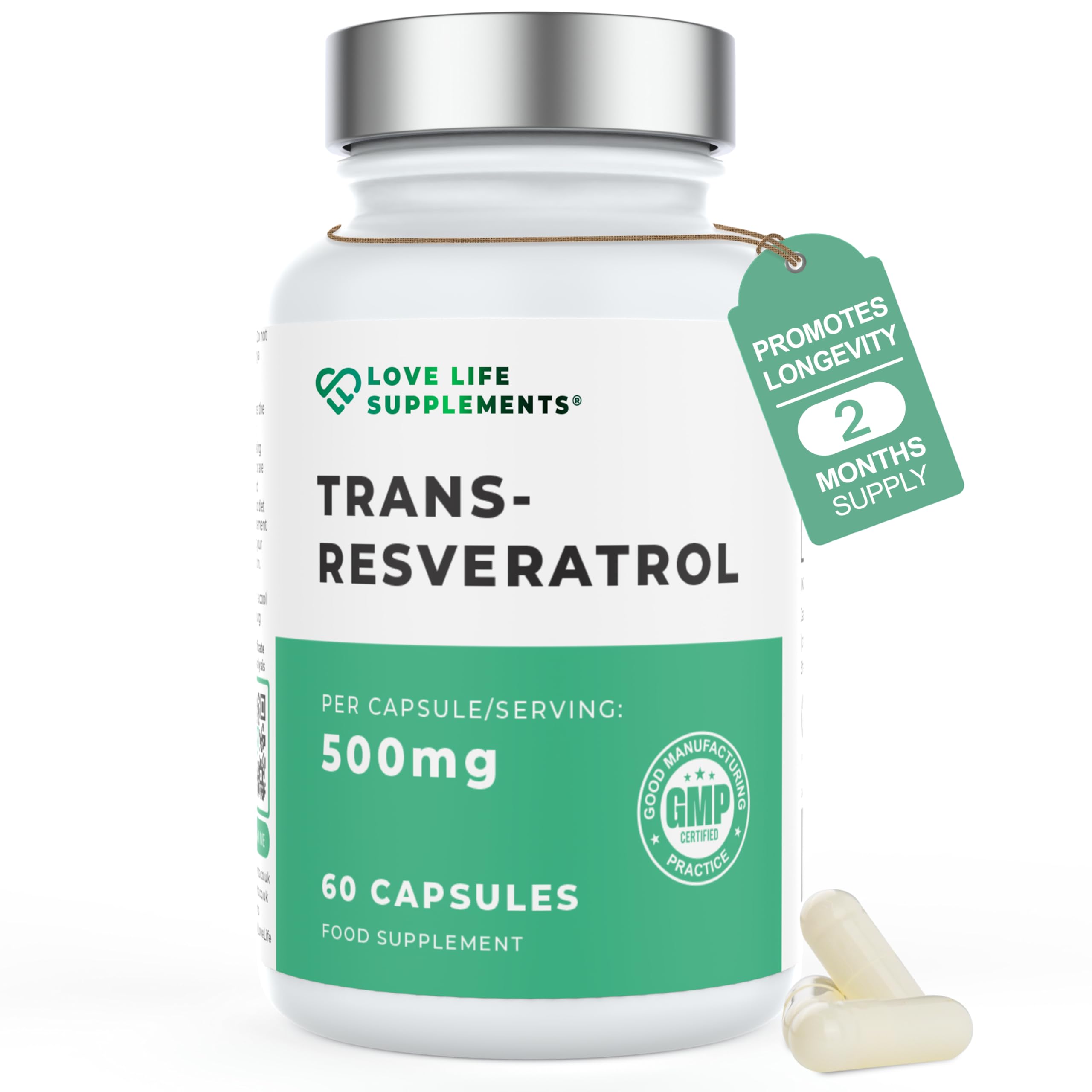 LOVE LIFE SUPPLEMENTSHigh Strength Trans-Resveratrol - 98% Purity (3rd Party Tested) | 500mg x 60 Capsules / 60 Servings | from Japanese Knotweed Root Extract | Pure Fill (Nothing Else Added) |