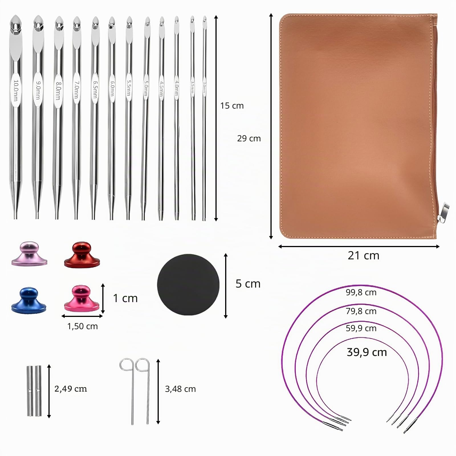 Set Uncinetti Tunisini con Cavo, 26 Pezzi, 3–10 mm | Uncinetti Intercambiabili da 15,2 cm in Alluminio Nichelato, Ergonomici, con Borsa di Conservazione, per Principianti