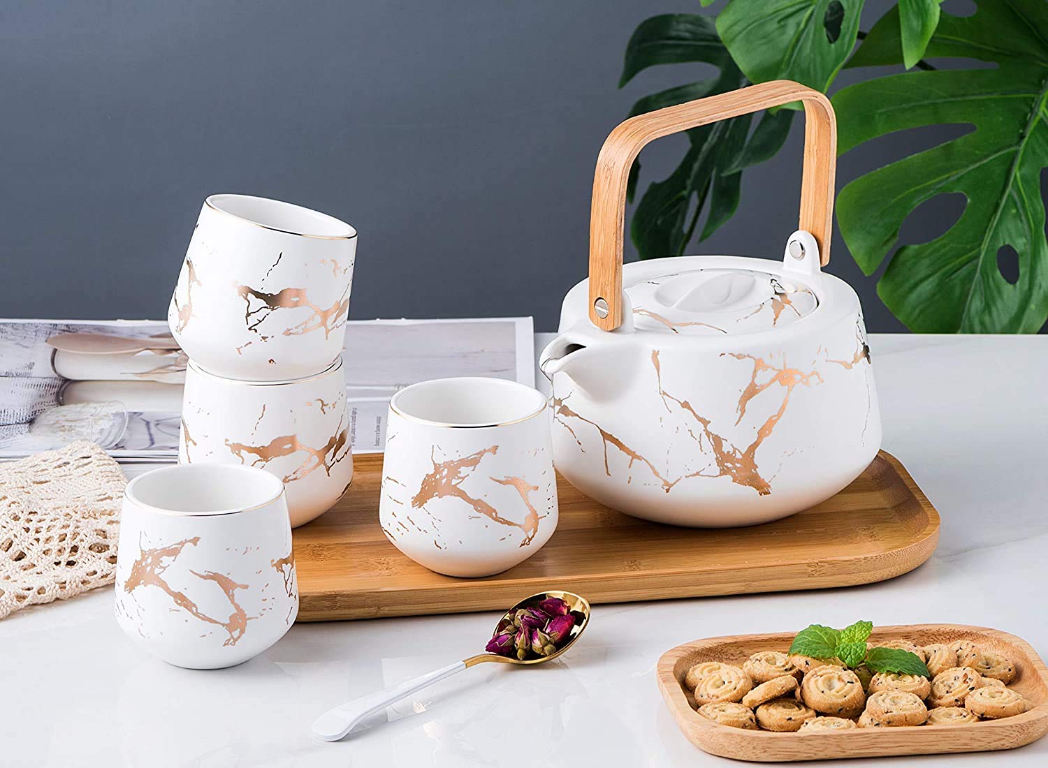 Style Japonais Service à thé en céramique, Théière élégante et 4 Tasses à thé avec Plateau en Bois pour Home Restaurant Tea Party - Motifs de Marbre (Blanc)