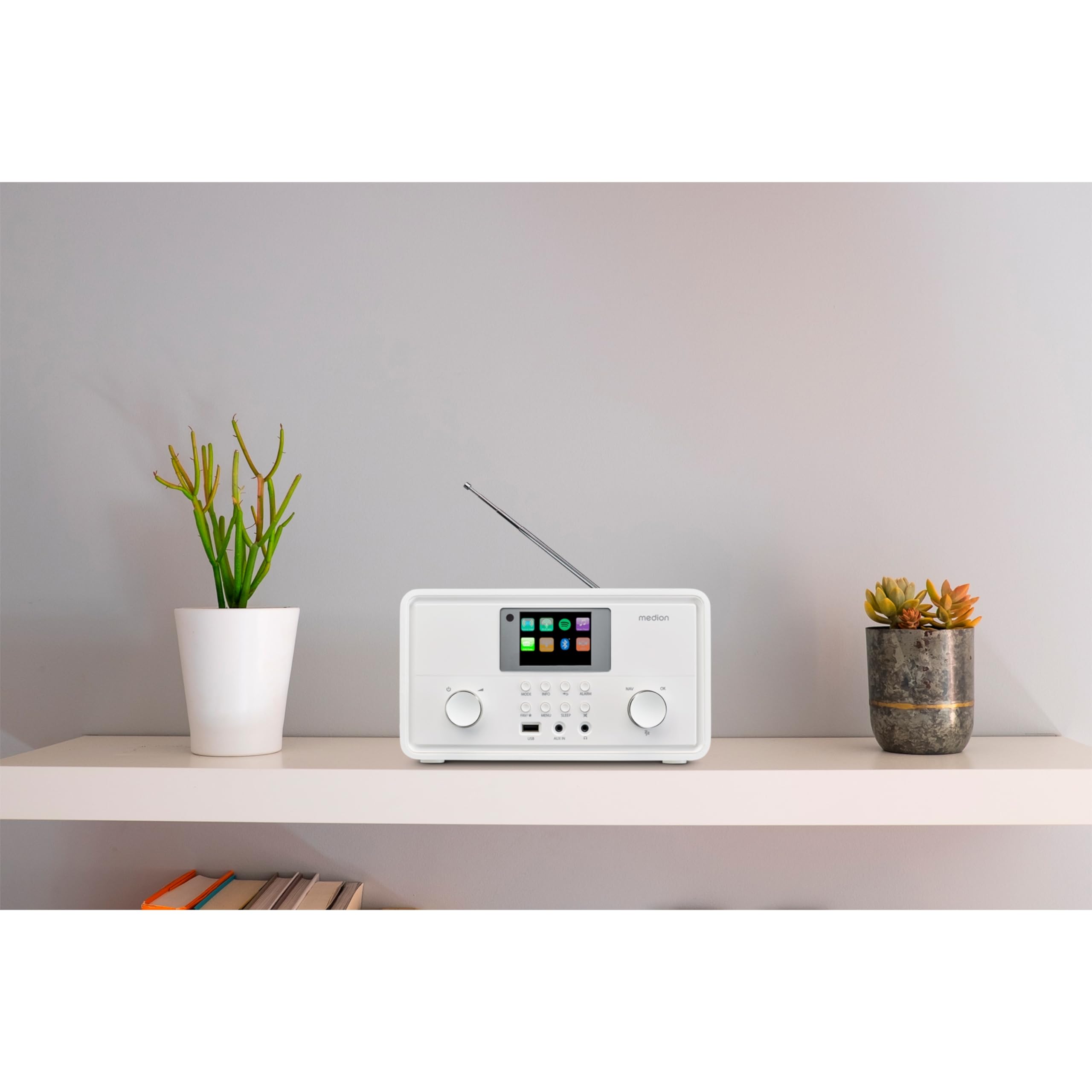 MEDION P85027 Internetradio (DAB Plus, UKW Radio, Spotify Connect, WLAN, Bluetooth, Streaming, Equalizer, Farbdisplay, USB, AUX, Wecker, Schlummerfunktion, Sleep Timer) weiß