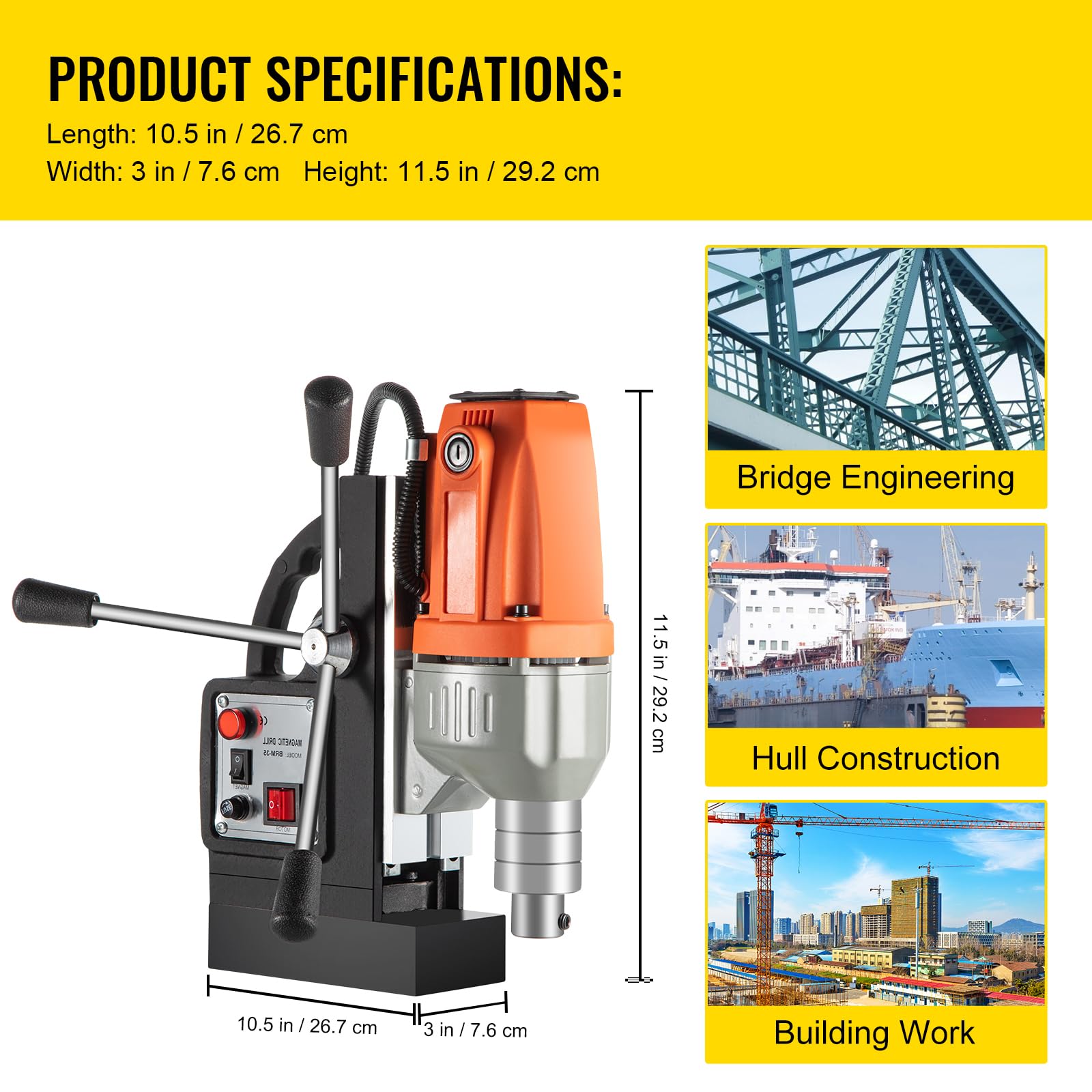 Moh Trapano Elettrico Magnetico BRM35, Motore del Sistema di Perforazione Magnetico ad Alta Potenza 980 W, 220 V, 50 Hz, con comoda maniglia, Usato per Strutture in Acciaio, Costruzioni Navali
