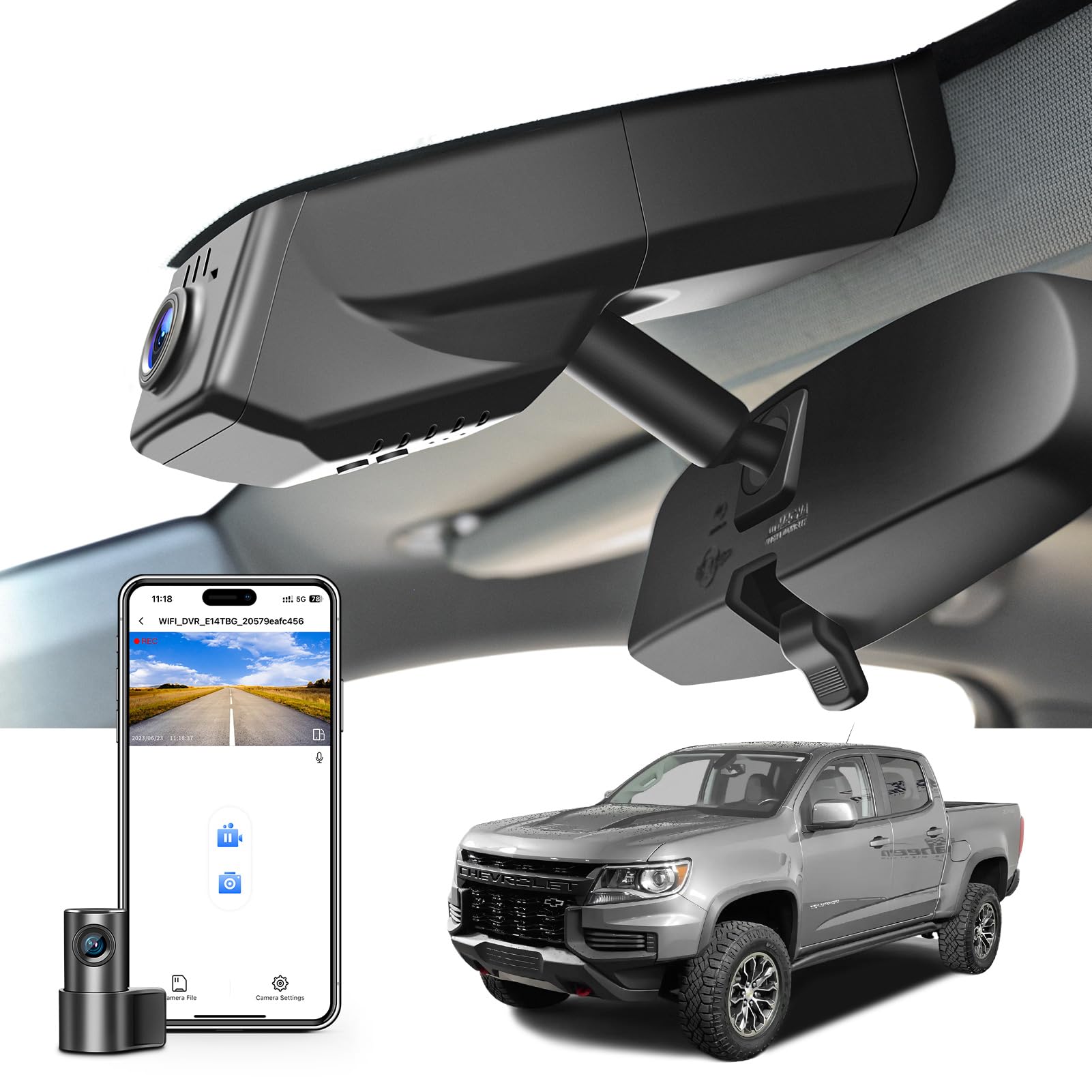 Front 4K & Rear 1080p Dash Cam Custom fit for Chevy Colorado 2015-2022 Select Base WT LT Z71 ZR2, Integrated OEM Look, UHD 2160P Video, WiFi and App, 128GB Card