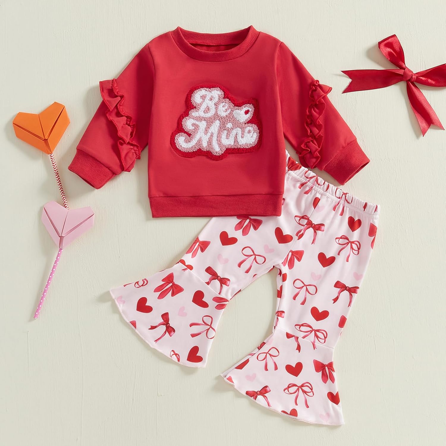 Rtnnsbbfcm Toddler Baby Girl Valentine's Day Outfit Long Sleeve Heart Letter Embroidery Sweatshirt Top Bell Bottoms 2Pcs Set