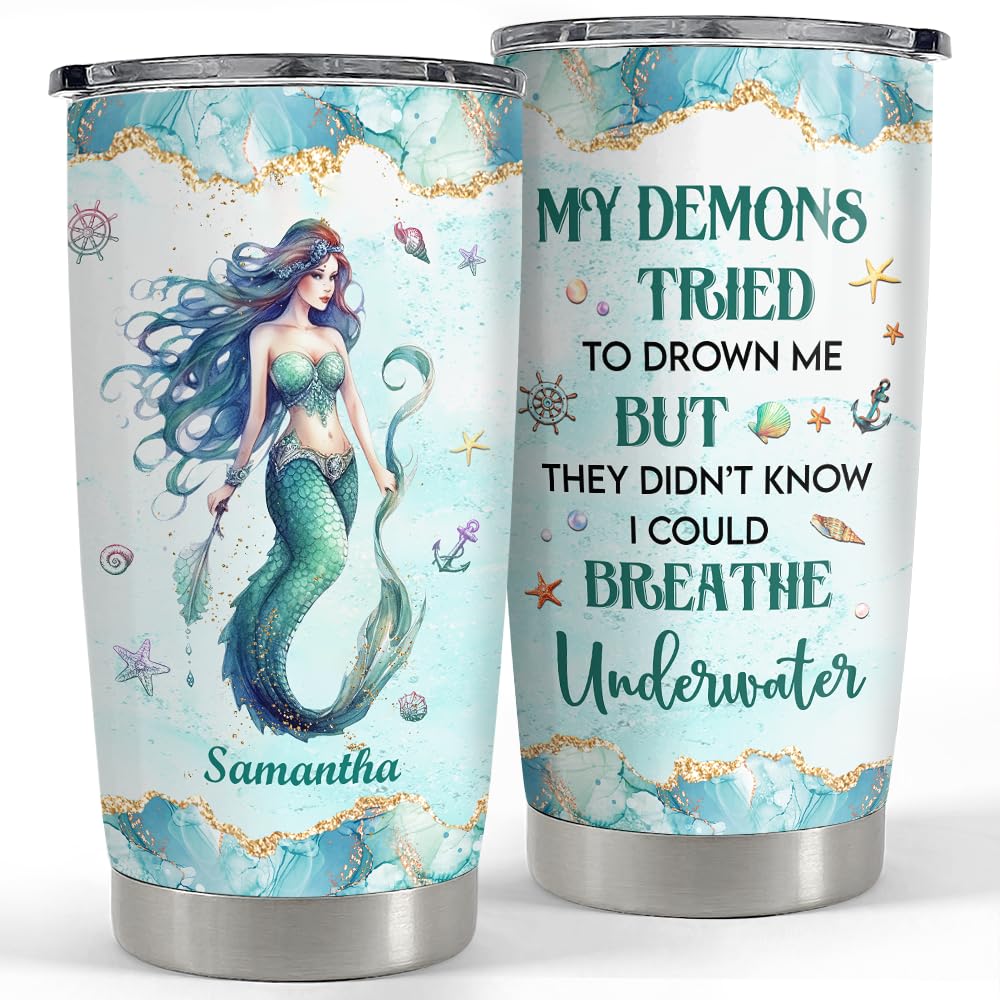SANDJEST Personalized Mermaid Tumbler Drawing Style 20oz 30oz Tumblers with Lid Gift for Girl Daughter Women Best Friend Sister Mermaid Lovers