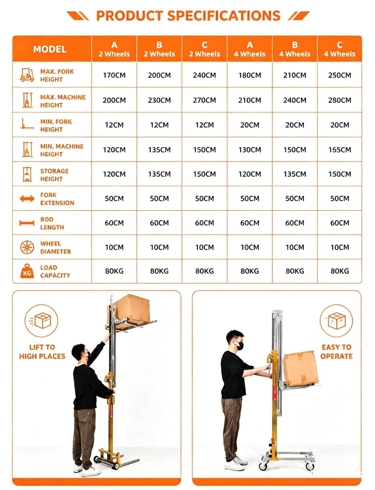 Sollevatore manuale 80 kg, impilatore mobile con verricello e forche