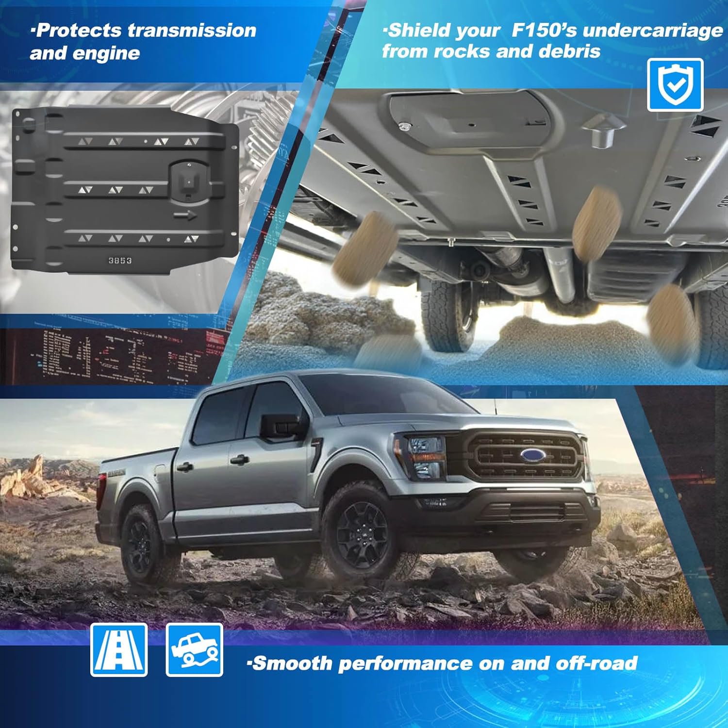 Transmission Protection Plate Compatible with 2015-2022 Ford F150 Splash Guards, Steel Construction, Easy Bolt-On Installation