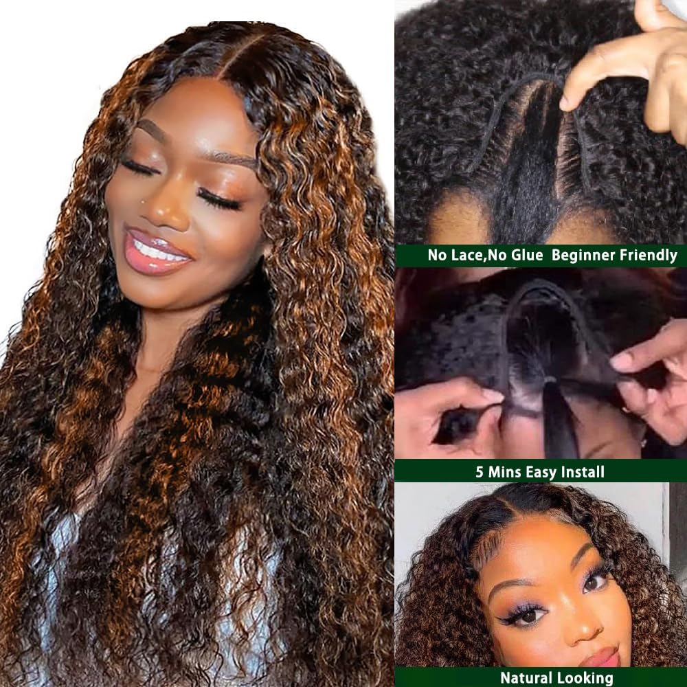 Lucasar FB30 Deep Wave U Part Human Hair Wigs for Black Women 180% Density Glueless U Shape Half Wig 180% Density Wig No Leave Out Lace Glueless Deep Curly Upgrade U Part Wigs(30 inch)