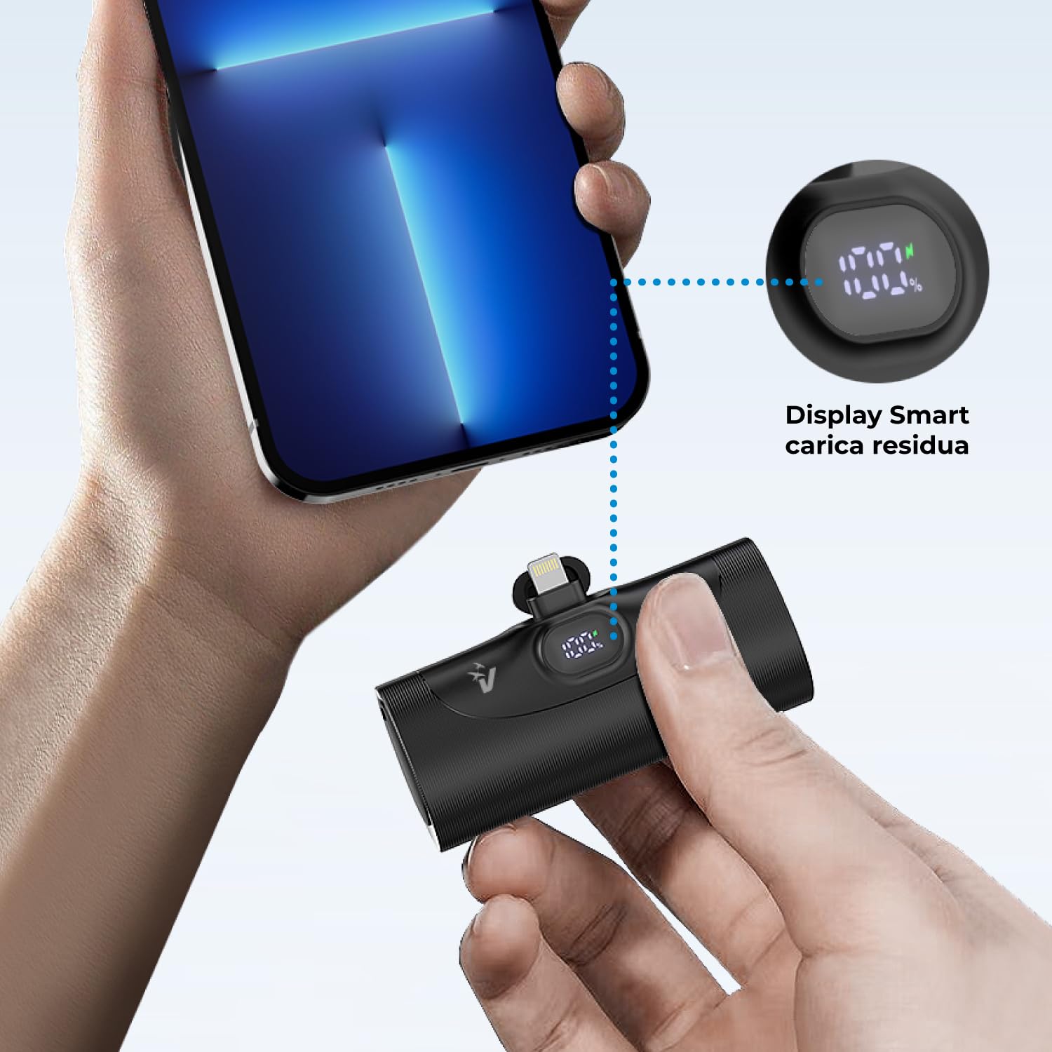 VulTech VPB-ST5BK-4 Kit Stazione di Ricarica con 4 Mini Powerbank 5000mAh – Ultra Compatti con Display LED – Connettori Type-C e Lightning – Ricarica Rapida PD 20W – Protezione Sovraccarico – Nero