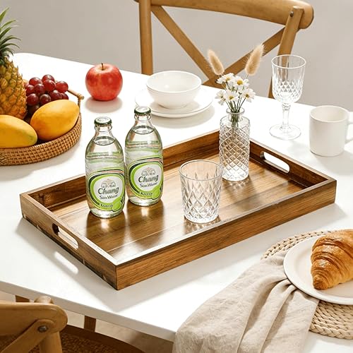 Miniatura 6 de YOUEON Paquete de 2 bandejas de madera de acacia de 17 x 12 pulgadas con asas, bandeja grande de madera para otomana, desayuno en la cama, cena,