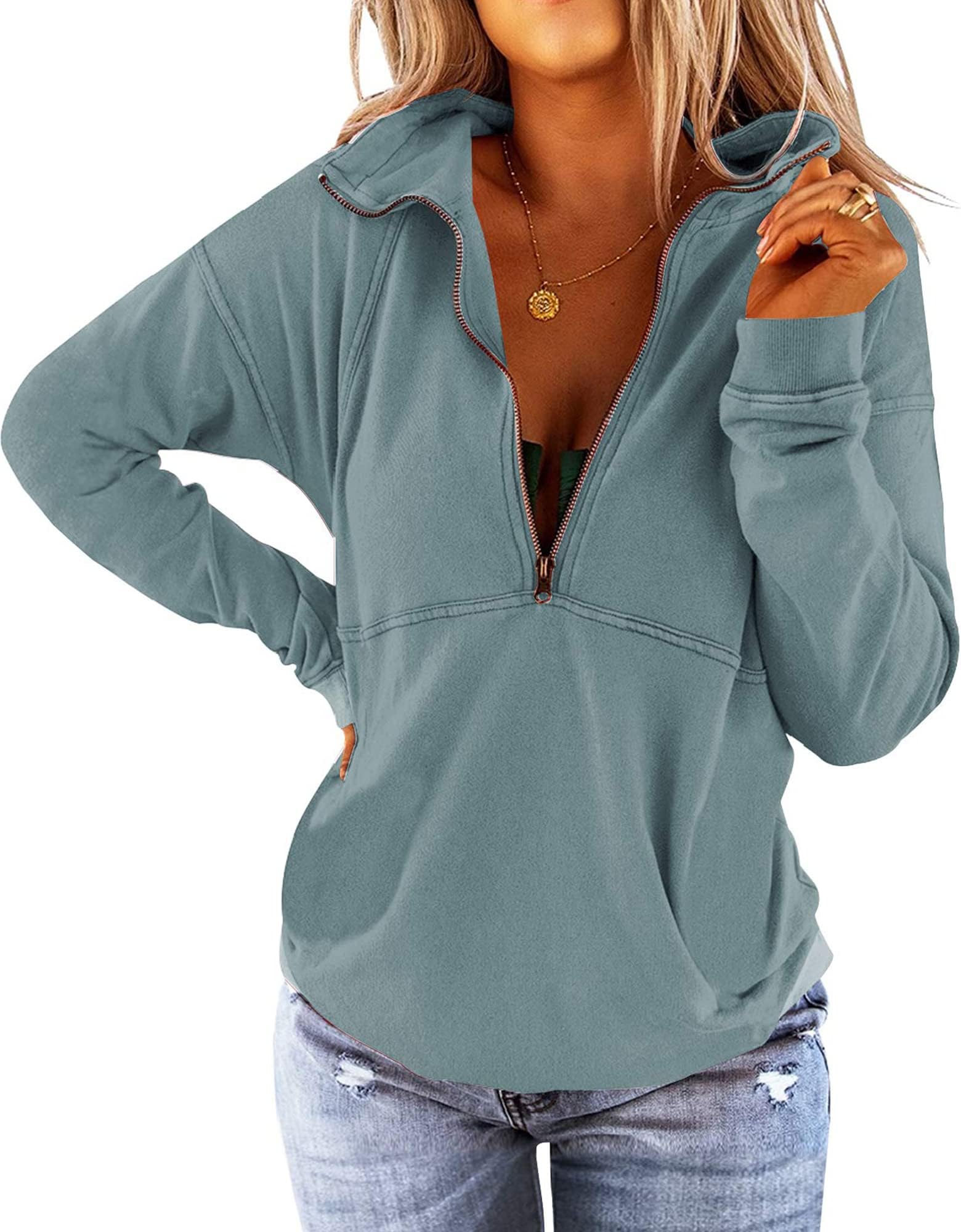 Women's Long Sleeve Lapel Half Zip Up Sweatshirt Solid Stylish Loose Fit Casual Pullover Tops