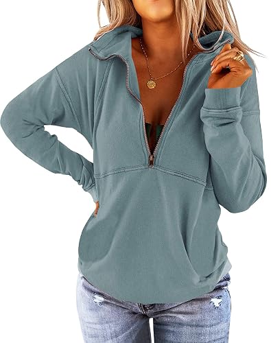 Floral Find Women's Long Sleeve Lapel Half Zip Up Sweatshirt Solid Stylish Loose Fit Casual Pullover Tops