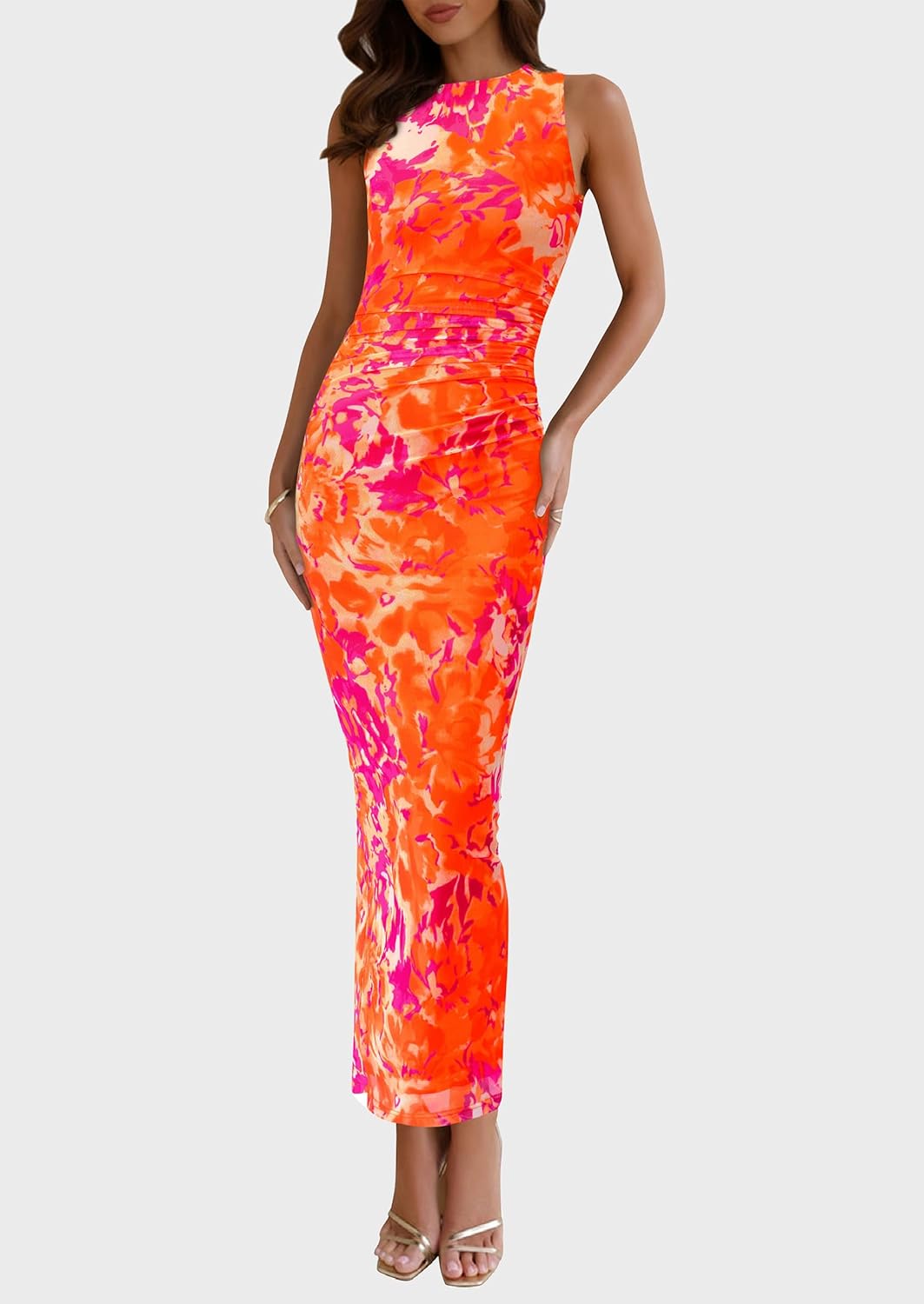 PRETTYGARDEN Womens Summer Wedding Guest Dress 2026 Spring Mesh Sleeveless Bodycon Ruched Floral Holiday Maxi Long Dresses - Image 3