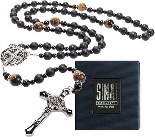 Miniatura 5 de Rosario negro de San Benito con cuentas católicas Rosario de ónix resistente Rosario antiguo de piedra hecha a mano con crucifijo de San Benito y