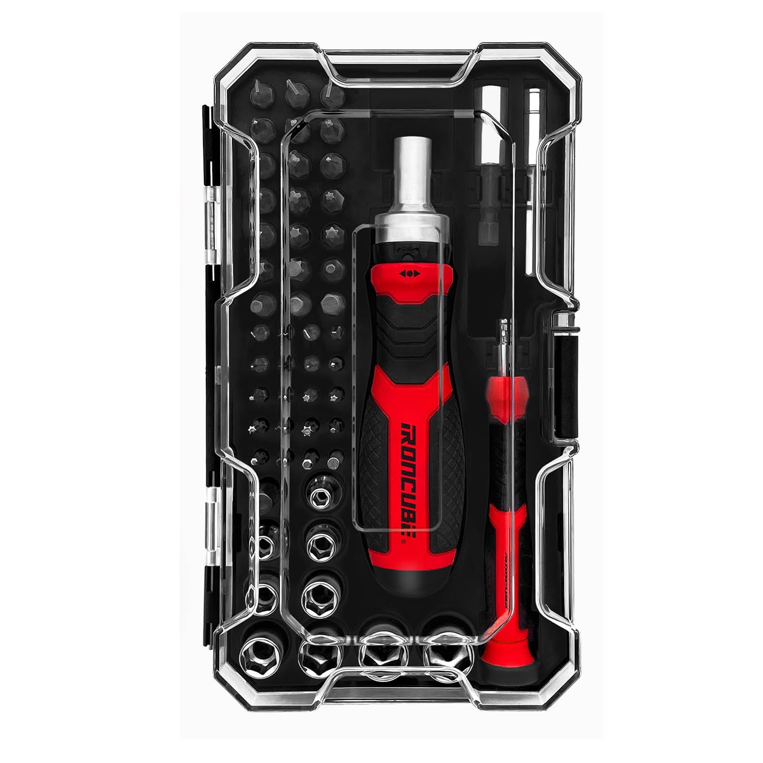 IRONCUBE Juego de destornilladores múltiples, mango de trinquete, puntas magnéticas y enchufes con funda, 56 piezas