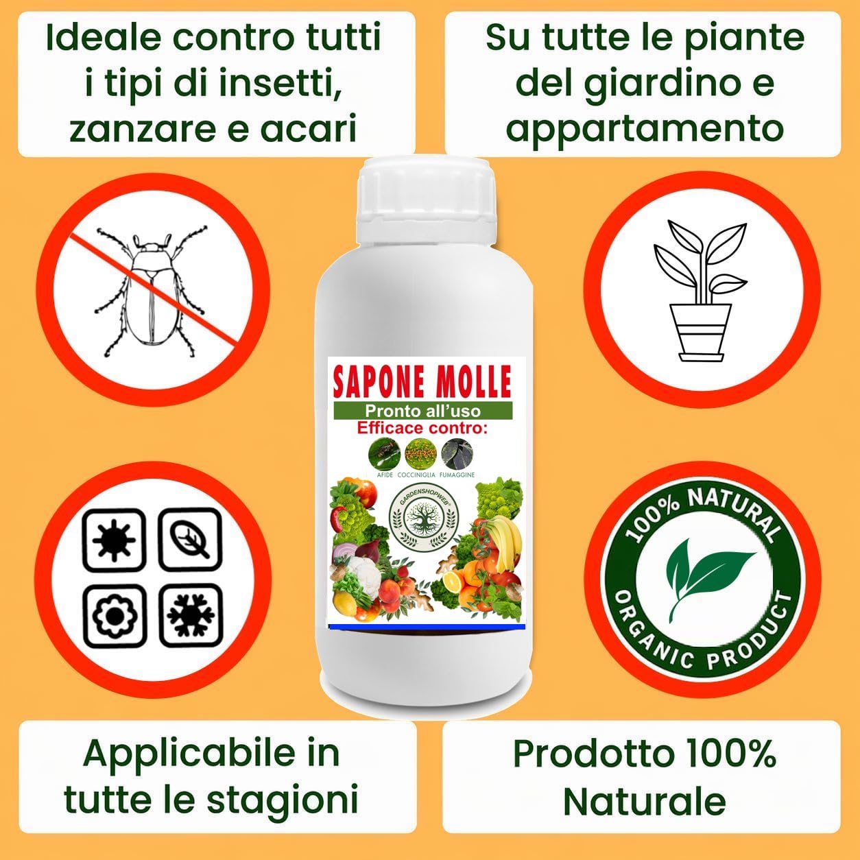 GSW© Sapone Molle Potassico per Piante, Insetticida ad Azione Abbattente contro Afidi, Cocciniglia, Effetto Corroborante Naturale e Lava Melata (5000 ml)