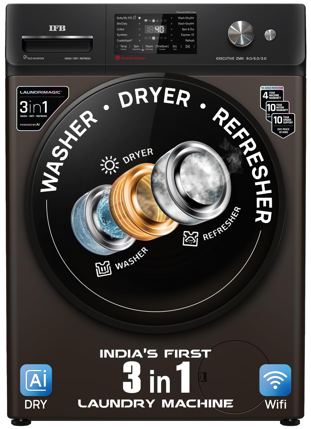 IFB 9/6/3 kg Fully Automatic Washer Dryer Refresher with Steam Refresh, AI Powered, 100% Dry Clothes, 9 Swirl Wash Mimic Handwashing, WiFi & Eco Inverter Motor (WDR Executive ZMN CMS, Mocha)-image-5