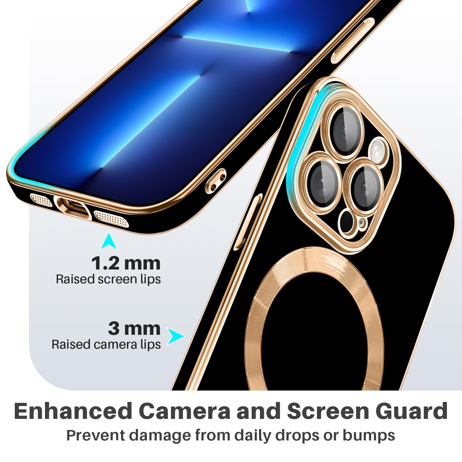Dinick Designed for iPhone 13 Pro Case with Magnetic [Built-in Camera Cover] Compatible with MagSafe Soft TPU Glitter Cover Anti-Scratch Protective Slim for iPhone 13 Pro Case Black and Gold