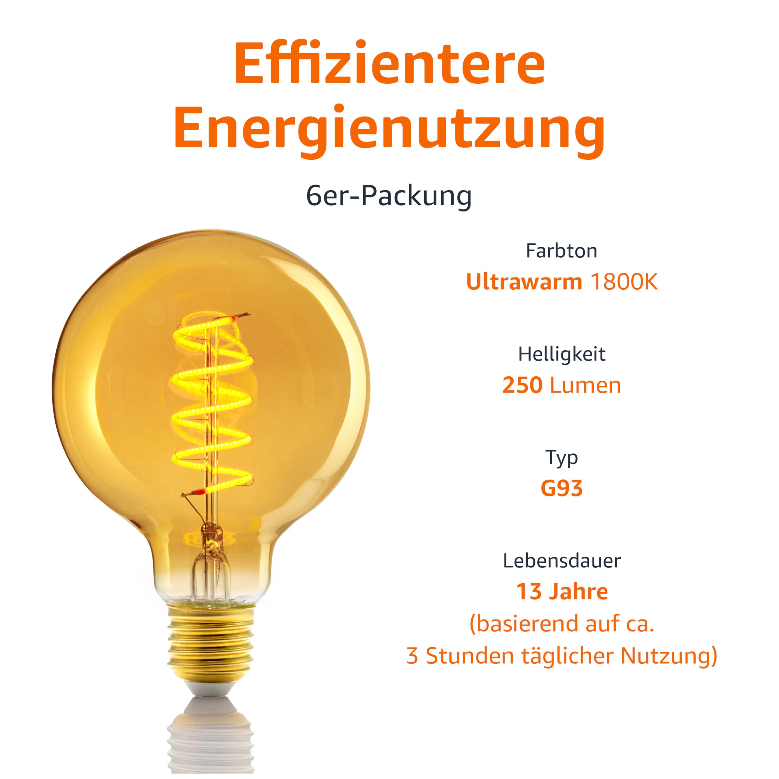 Amazon Basics Vintage-LED-Birne, E27, antiker Stil, Retro-Bernsteinglas, G93, 4 W (entspricht 25 W), 1800 K, ultrawarmes Licht zur Dekoration, 6 Stück
