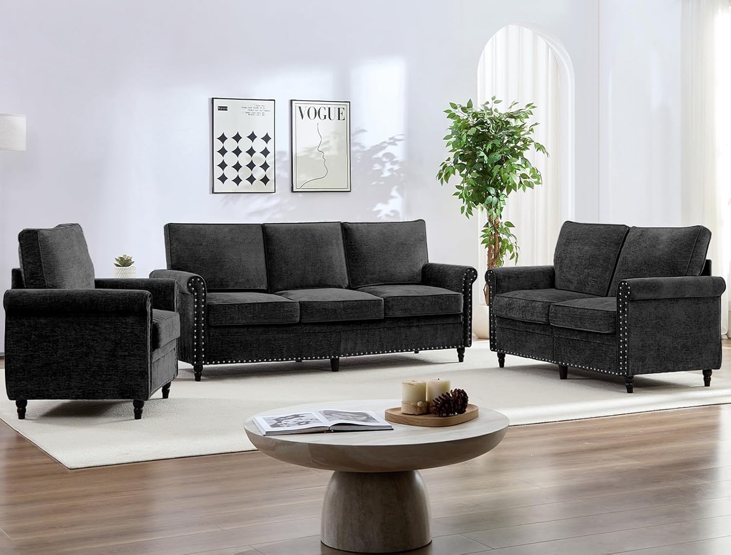 Mjkone 3 Pieces Living Room Sofa Set, Chenille Sofa Couch and Loveseat Chair Set, Sectional Sofas Couch Sets with Wood Frame, Gourd Shape Wood Legs, 6.7" Thicken Cushion, Rivets for Living Room, Black