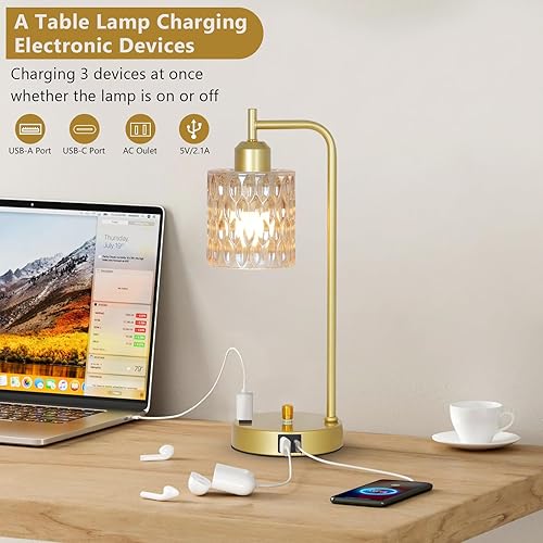 Miniatura 2 de Lámpara de mesa ámbar con puerto USB y tomacorriente, juego de 2, lámpara de mesita de noche de cristal para dormitorio, lámparas de escritorio