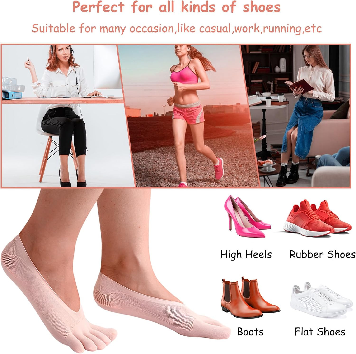 5 Pairs Five Finger Orthopedic Compression Socks, Toe Separator Socks, Breathable and Soft Align Toe Socks for Women Foot Size 9-11