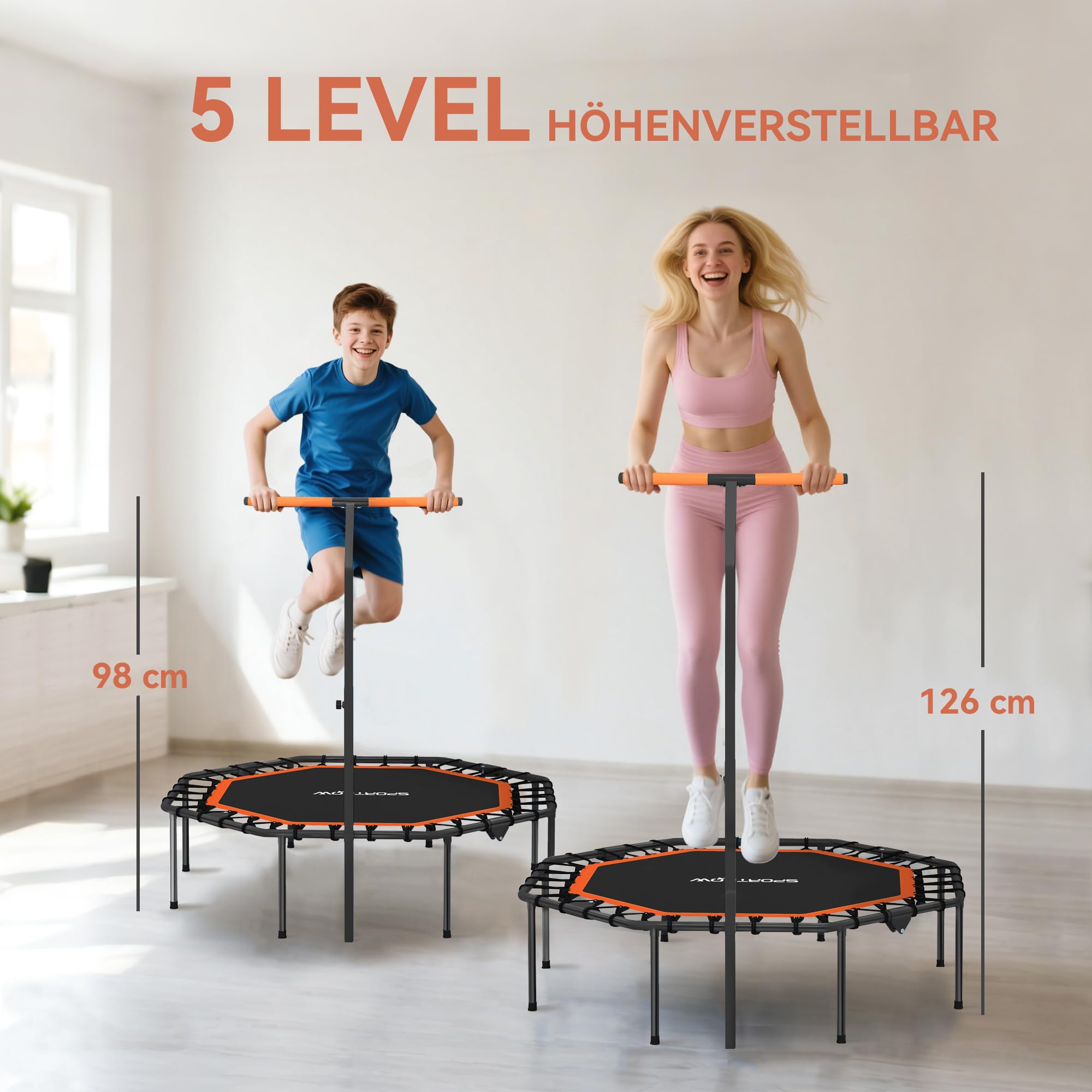 SPORTNOW Fitness Trampolin klappbar Ø128 cm Mini Trampoline mit 5-Stufig Höhenverstellbarem Haltegriff, leise Gummiseil, Trampolin für Erwachsene, Trampoline für Indoor Outdoor Jumping