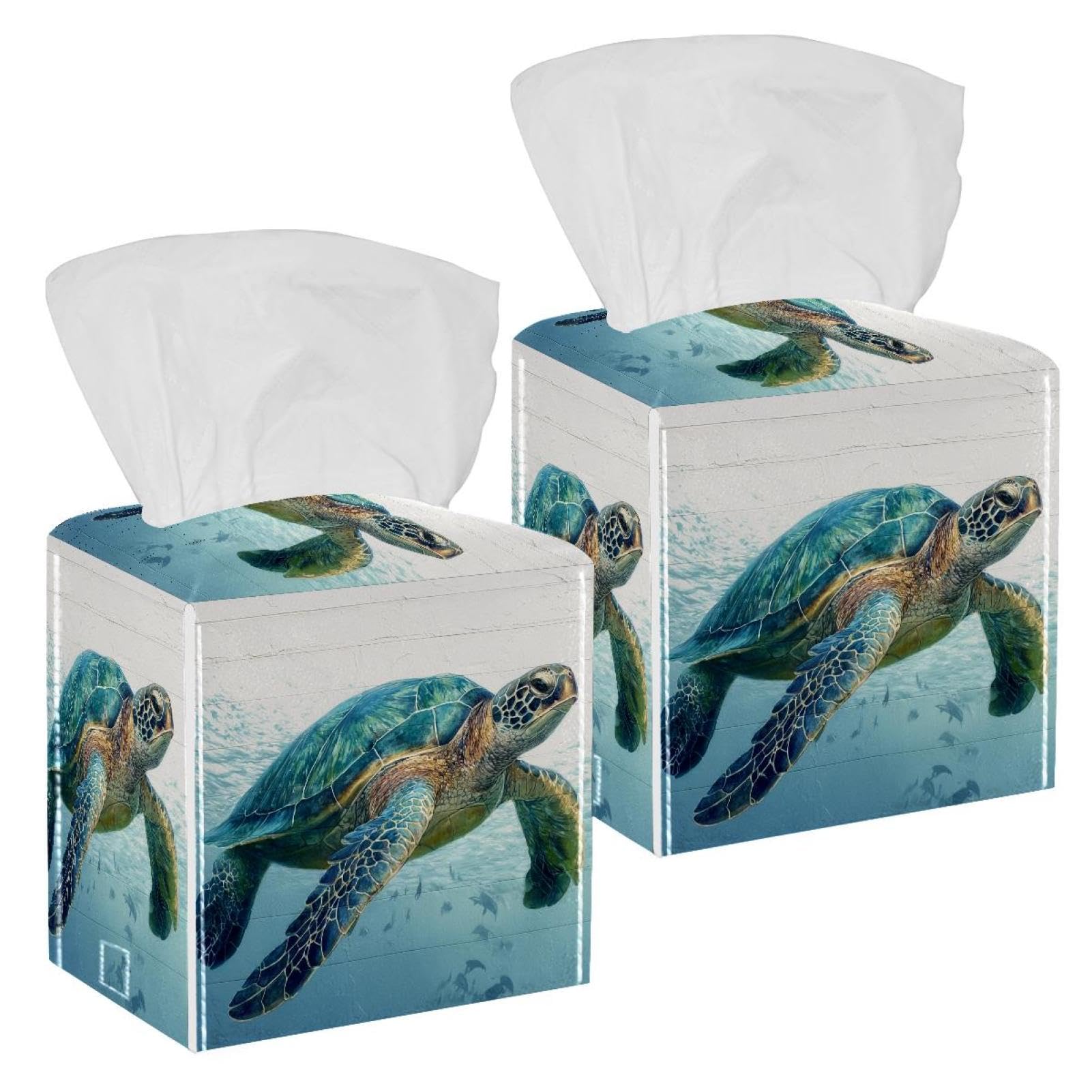Sea Turtle Tissue Box Cover, 2 Pack PU Leather Square Facial Tissue Dispenser Box holder for Home Office Car