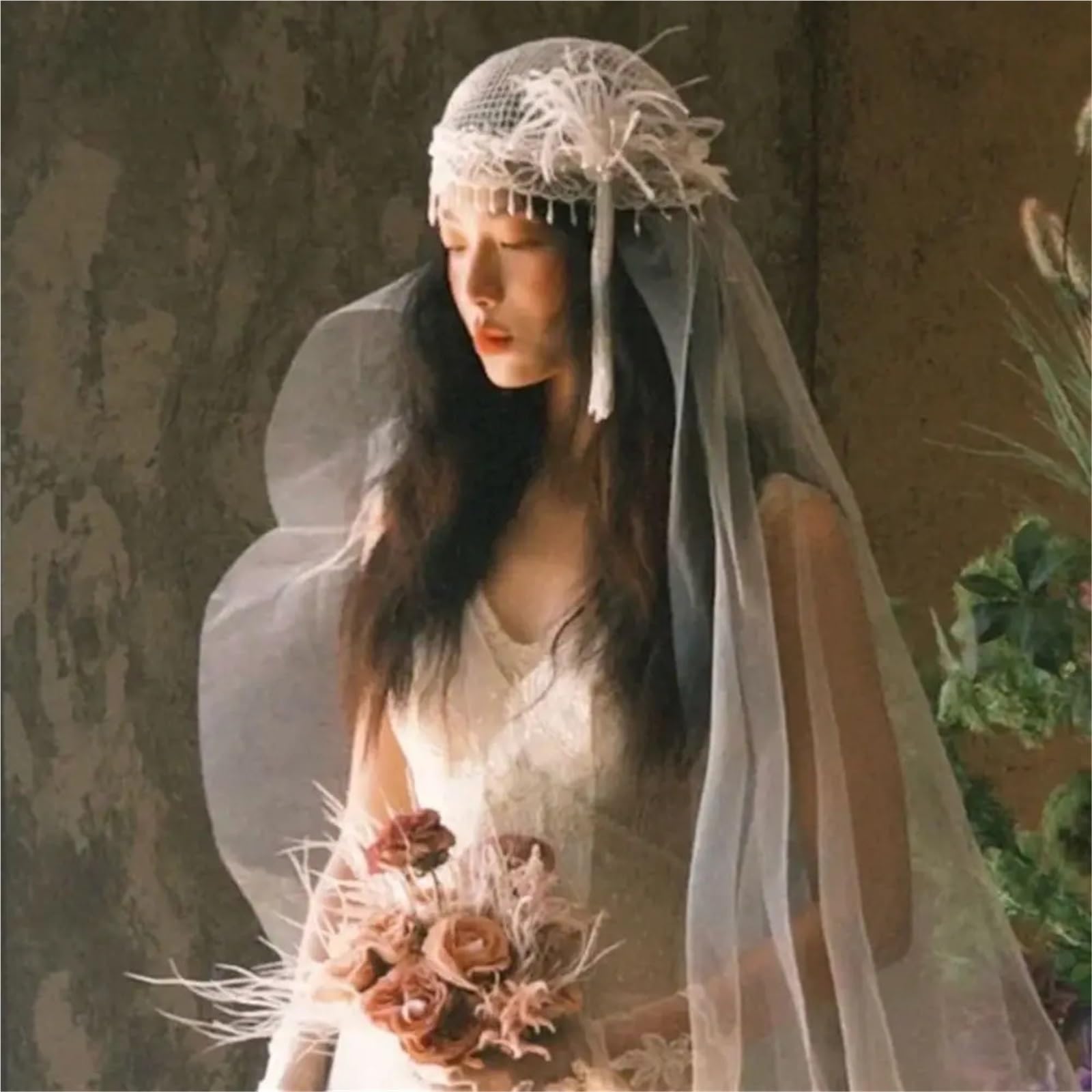 Diseño con velo de novia borlas plumas estilo francés