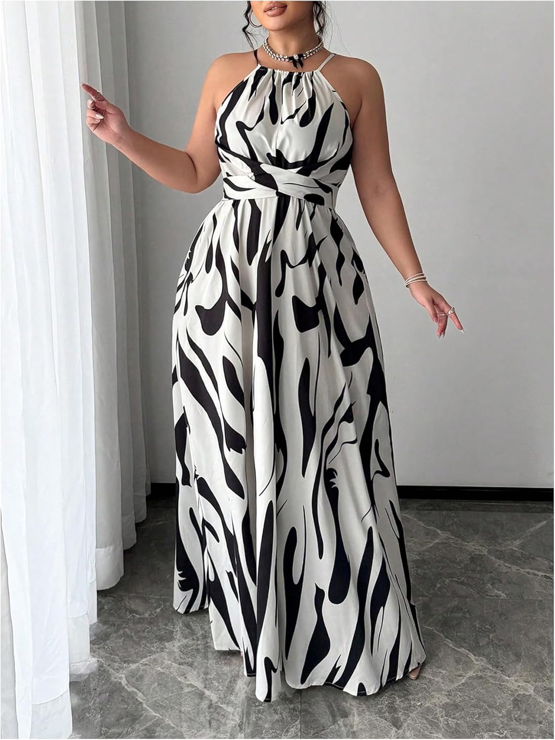 Women's Plus Size Boho Graphic Halter Dress Sleeveless A Line Flowy Summer Vacation Maxi Dresses - Image 5