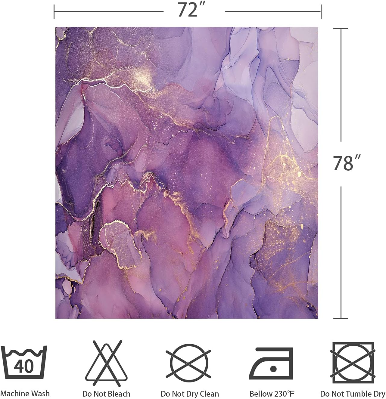 Gibelle Long Fabric Shower Curtain 72 x 78, Tall Purple Shower Curtains for Bathroom, Abstract Lavender Gold Marble Modern Elegant Watercolor Ink Art Decor Bathroom Curtains Shower Set with Hooks