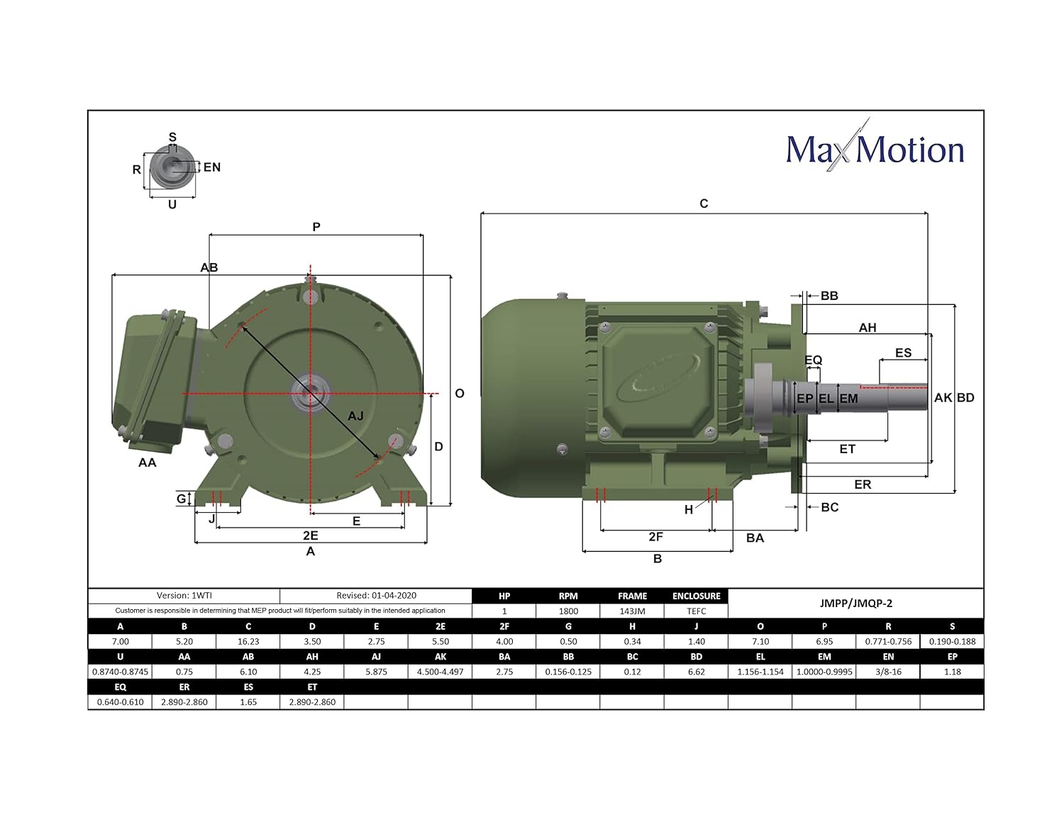 MAX MOTION JMPP-2 · Pumps Electric Motor NEMA · 1HP, 1800RPM, 575V, 3PH, 60Hz, TEFC Enclosure, 143JM Frame CAST Iron Premium, 10:1 CT ~ 20:1 VT, IP55, Class F, 1.25SF