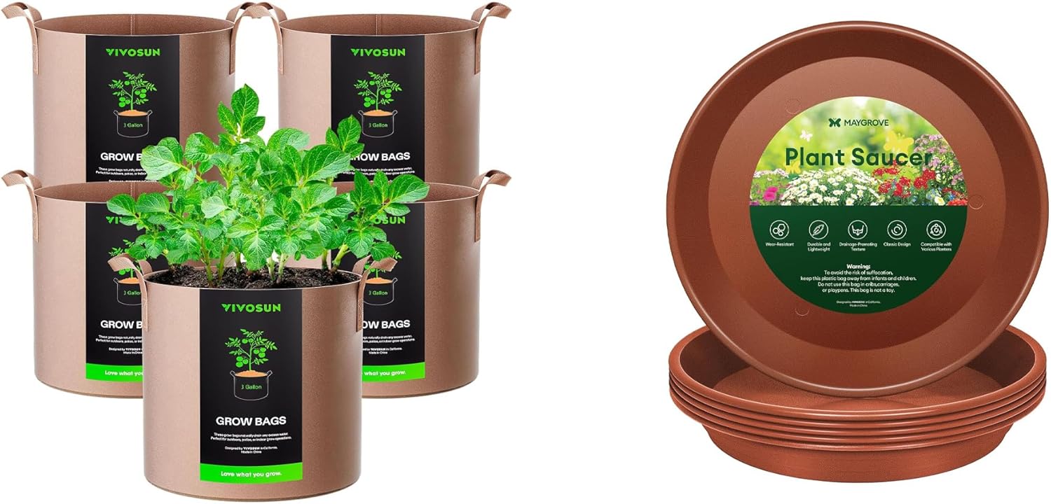 VIVOSUN 5-Pack 3 Gallons Grow Bags Heavy Duty Thickened Nonwoven Fabric Pots and 6 Pack Plant Saucer, 8 10 12 inch Plant Saucers for Indoor, Heavy Duty Plastic Plant Trays for pots, Grow Bag