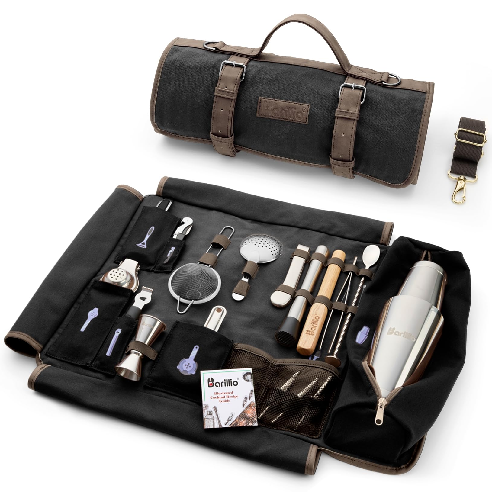 Barillio Bartender Kit Bag with Cocktail Shaker Set - Waxed Canvas, Traveling Bar Tools Bag with 17-Pc Cocktail Kit - Travel Mixology Bartending Kits - Mobile Bar Roll with Strap & Accessories