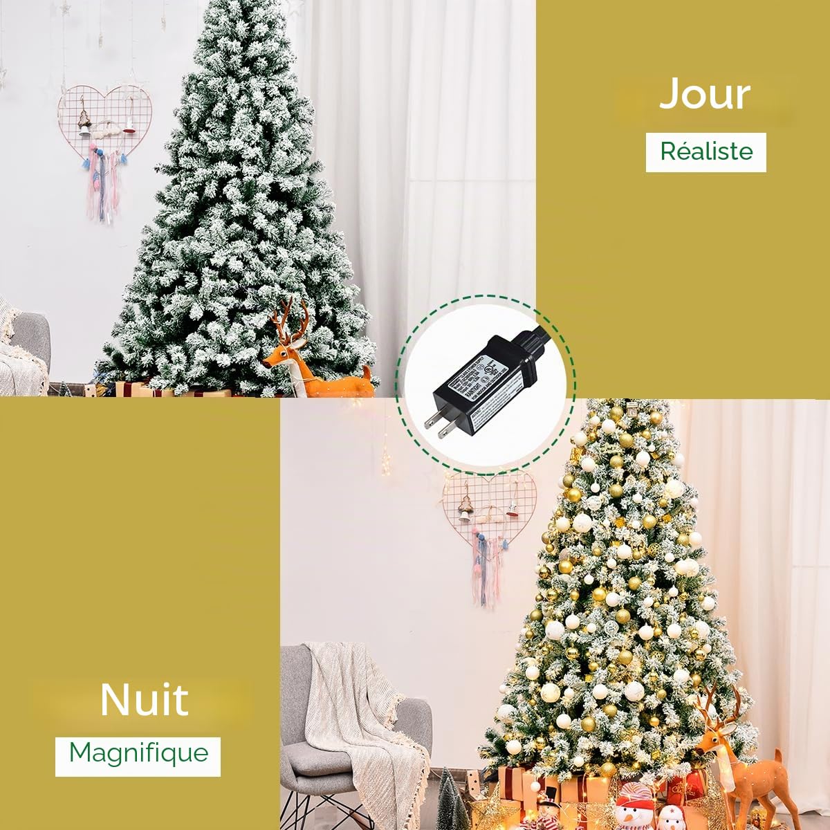 LIFEZEAL Sapin de Noël Artificiel 140/180/225 cm, Arbre de Noël avec Système de Pliage, Décoration de Noël avec Support en Métal (Vert+Blanc|avec LED, 180cm)