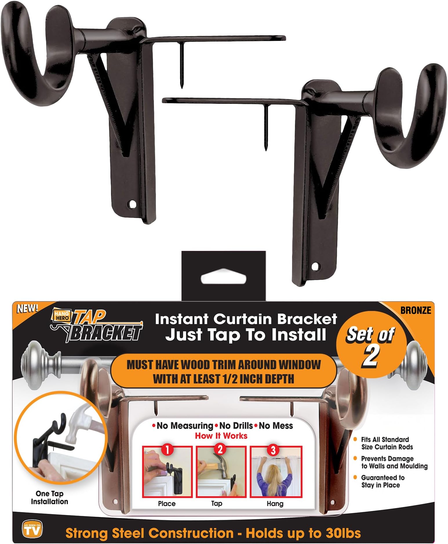 Spark Innovators Tap Curtain Rod Bracket - No Drill Curtain Rod Brackets, Damage-Free, Renter Friendly Curtain Rod Holder, No Screws, Easy to Install - As Seen on TV, Bronze -2 Pack