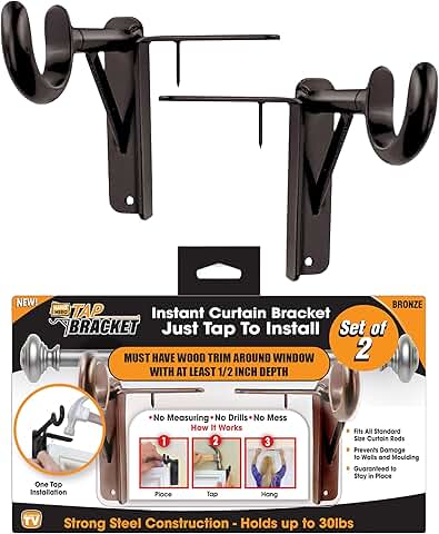 Spark Innovators Tap Curtain Rod Bracket - No Drill Curtain Rod Brackets, Damage-Free, Renter Friendly Curtain Rod Holder, No Screws, Easy to Install - As Seen on TV, Bronze -2 Pack