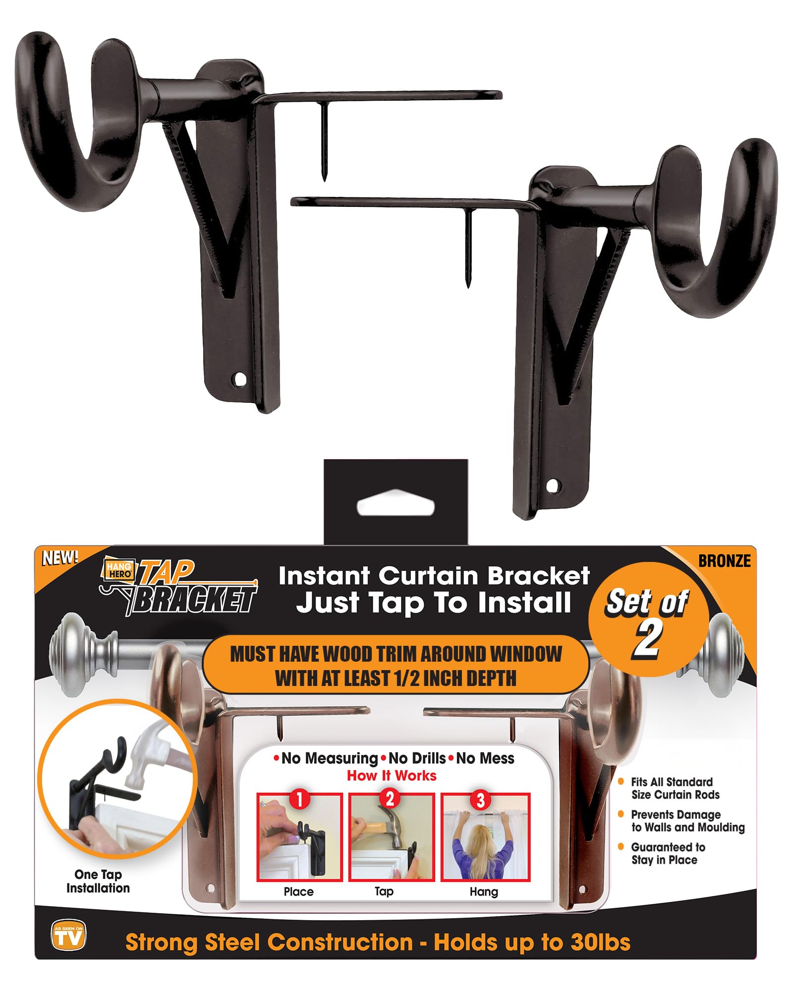 Spark Innovators Tap Curtain Rod Bracket - No Drill Curtain Rod Brackets, Damage-Free, Renter Friendly Curtain Rod Holder, No Screws, Easy to Install - As Seen on TV, Bronze -2 Pack