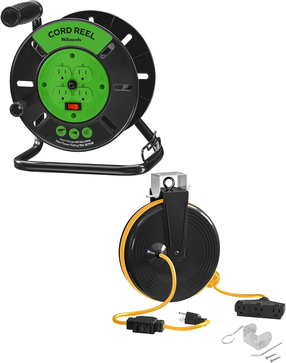 Extension Cord Storage Reel with 4-Grounded Outlets and 30 Ft Retractable Extension Cord Reel Bundle, for Garage and Shop J95CR06-Y30ACR06