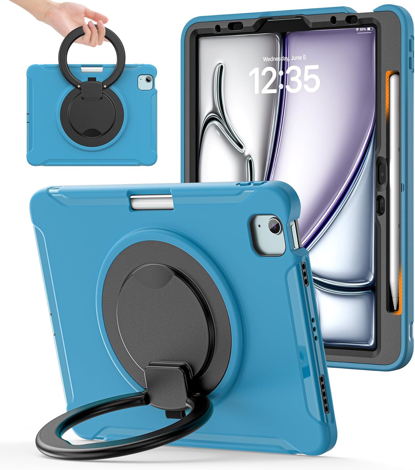 BATYUE Shockproof Case for iPad Air 11" M2/M3/M4, Air 4/5 10.9", iPad Pro 11" 1st-4th Gen 2018-2022 | 360° Multi-Angle Stand (Portrait & Landscape) & Grip, Built-in Pencil Holder, Lake Blue